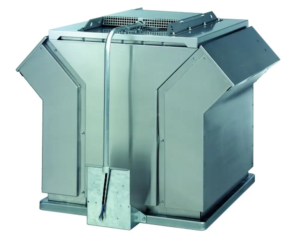 Entrauchungsventilator mit quadratischem Gehäuse aus Edelstahl. Er dient der Abluft und ist ein Produkt der Marke Wolf, erkennbar an der charakteristischen Bauweise.